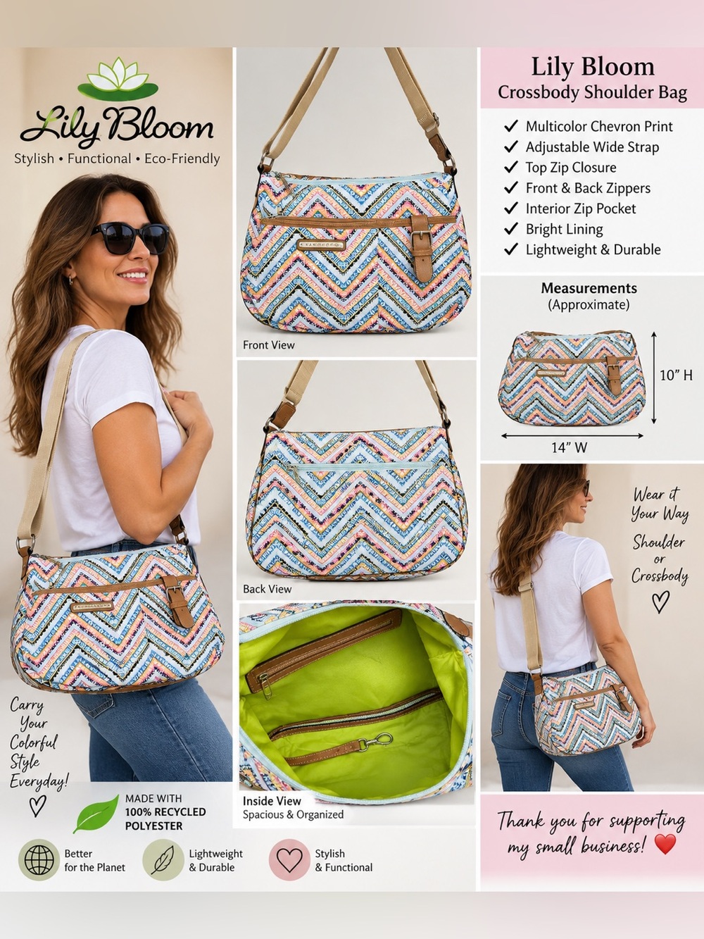 Lily Bloom Multicolor Chevron Crossbody Shoulder Bag Recycled Polyester